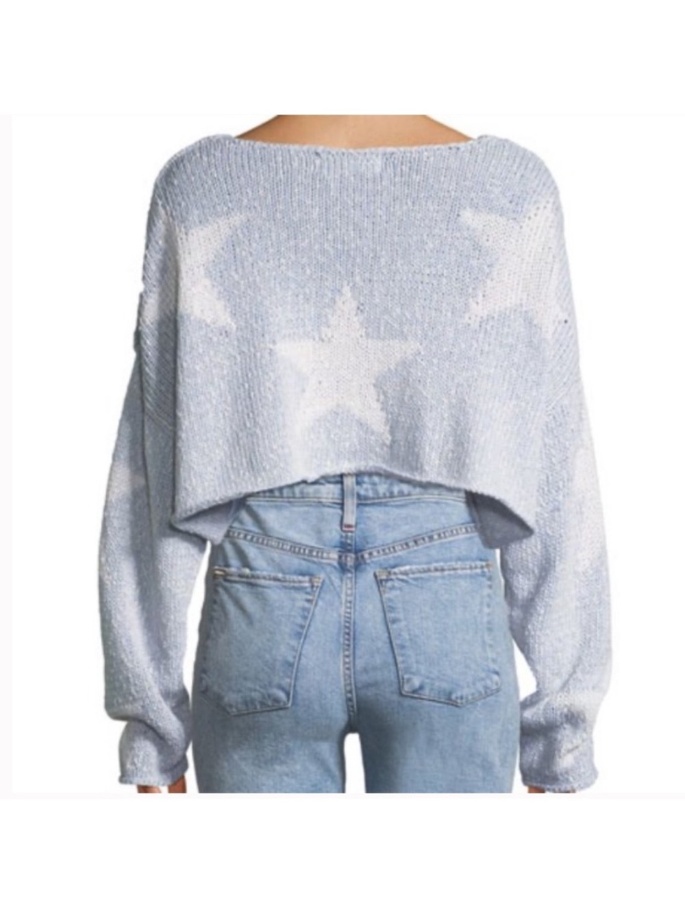 Wildfox Cropped Star Knit Sweater - Light Blue